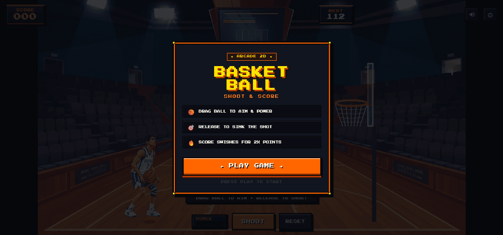 2D Arcade Basketball Game interface with shoot and score gameplay