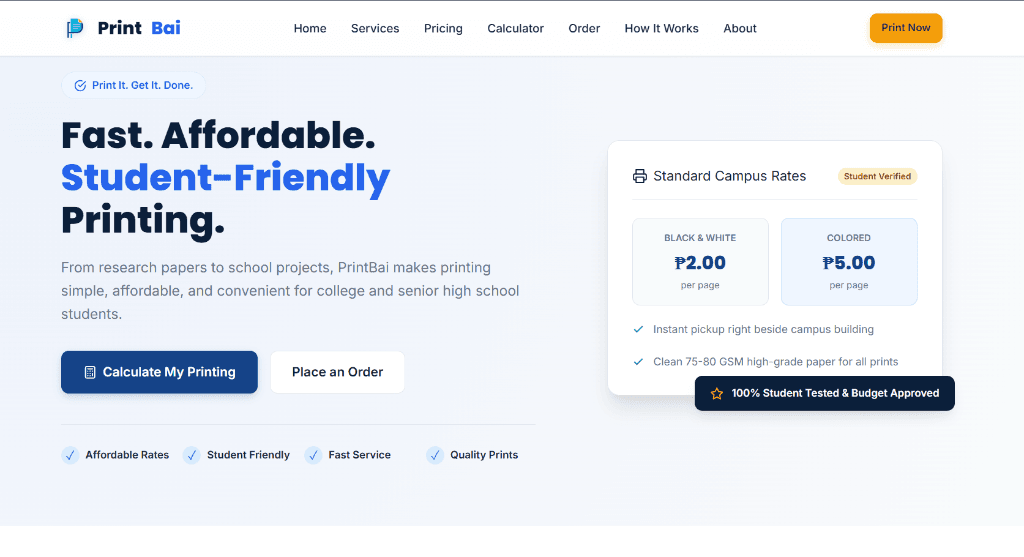 PrintBai student-friendly printing service platform interface
