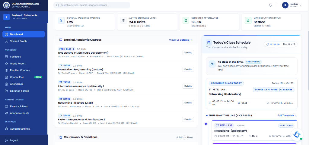 Cebu Eastern College School Portal System dashboard interface